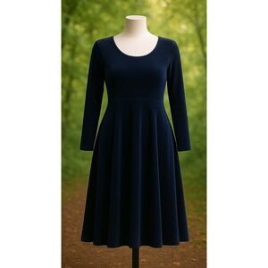 VTG 90s M Navy Velvet Dress Witchy Whimsy‎ Goth Long Sleeve Fit Flare made USA
